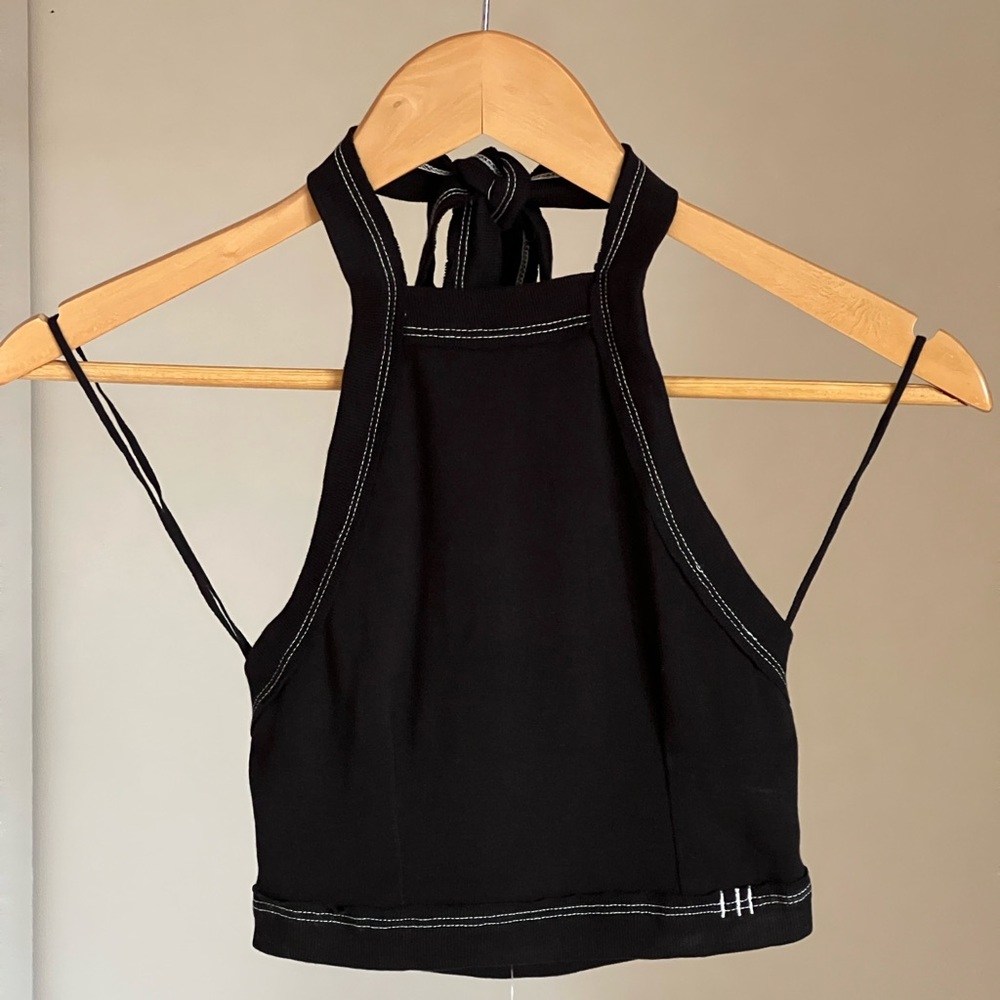 Urban Outfitters UO Black Halter Tie Crop Top with Contrasting White Stitching
